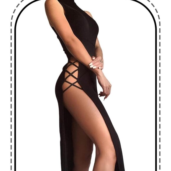 Y2K Sexy Black Bodycon Maxi Dress | EVILD Slit Cami Party Clubwear Dress - Picture 2 of 7